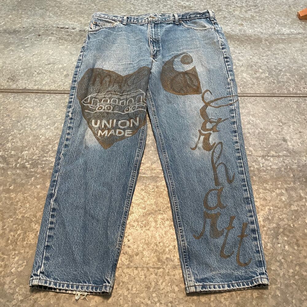 Vintage Y2K Carhartt Denim Relaxed Fit Jeans Mens 40x30 Artwork DIstressed Art